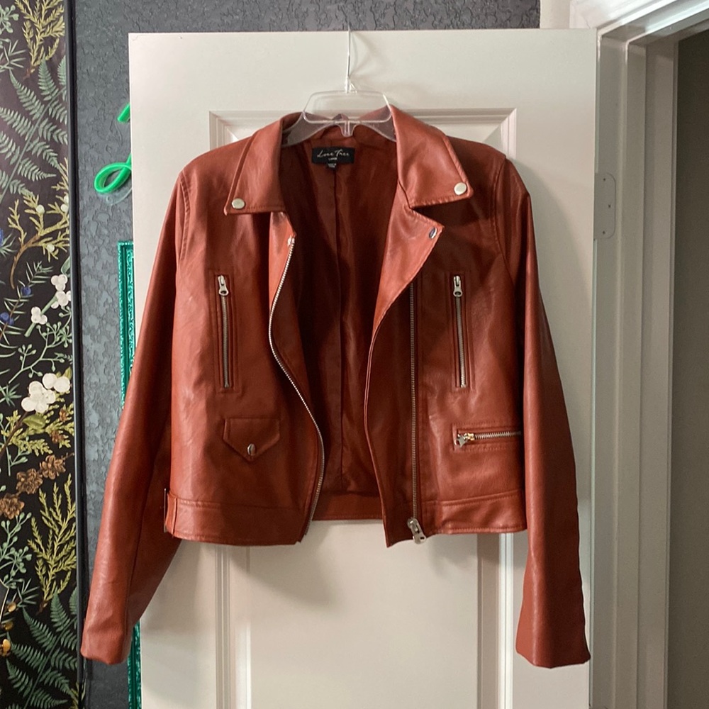 Large brick red faux leather jacket